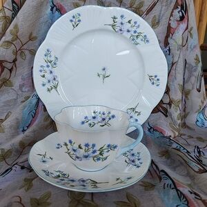 SHELLEY England 3 Pieces Blue Rock Teacup Saucer and Under Plate Blue Flowers